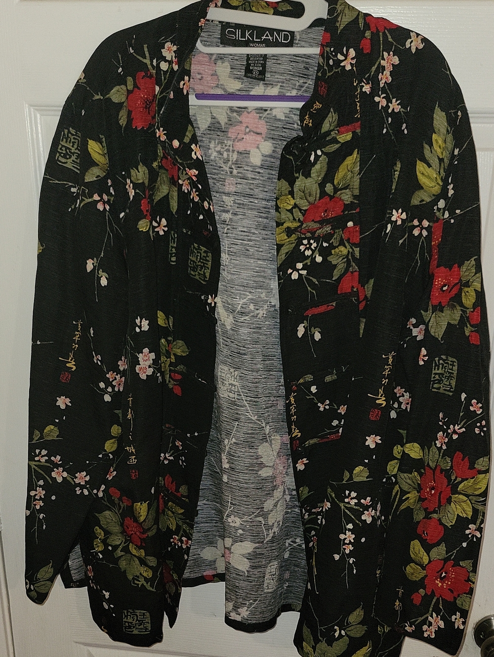 SilkLand Black Floral Open-Front Kimono with Red & Green Accents